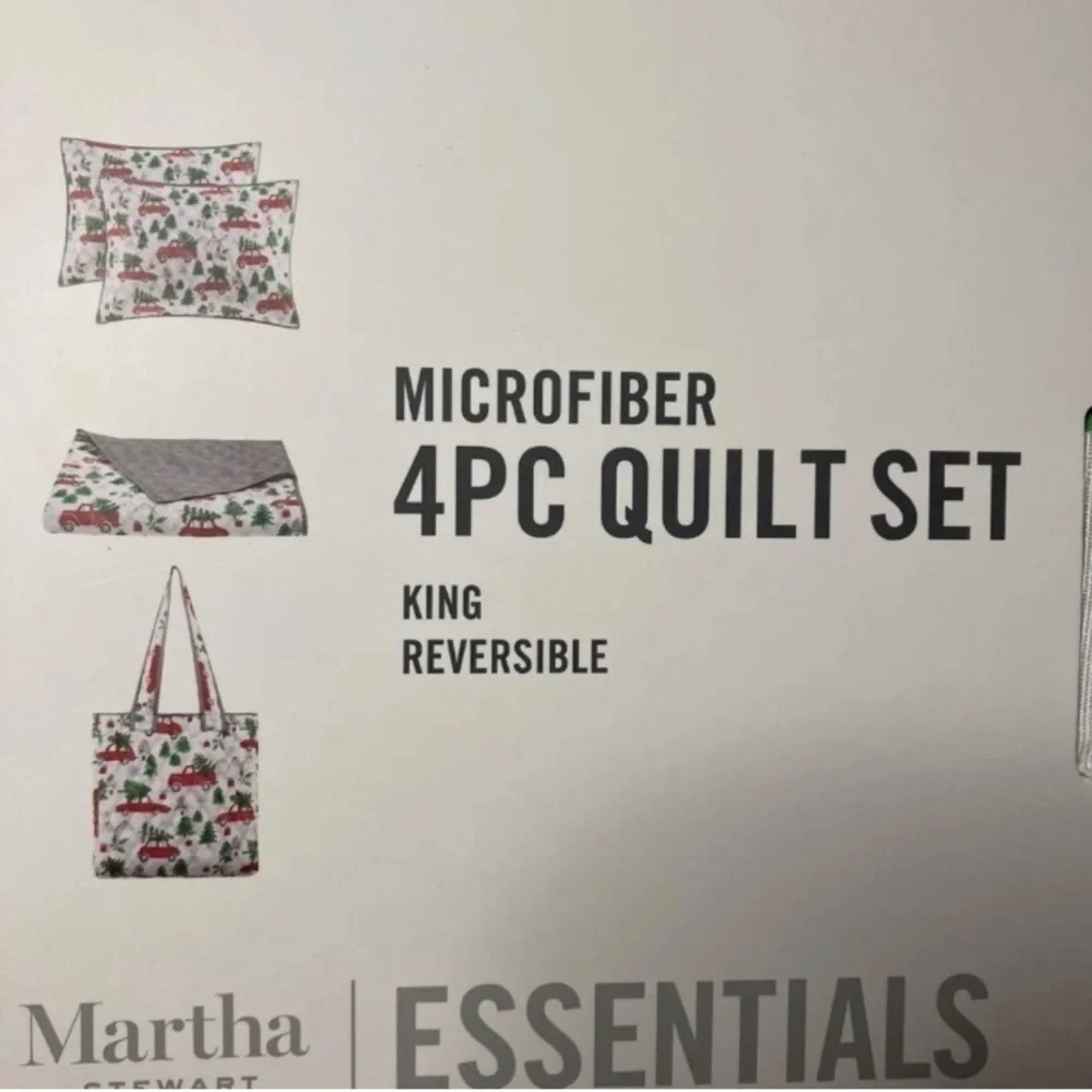 Martha Stewart King Reversible Christmas Truck Quilt w/tote+ shams NEW